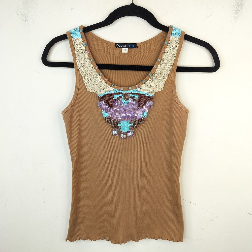 Haven Bleu Beaded Tank Top Medium Boho Aztec Brown Stretch Knit